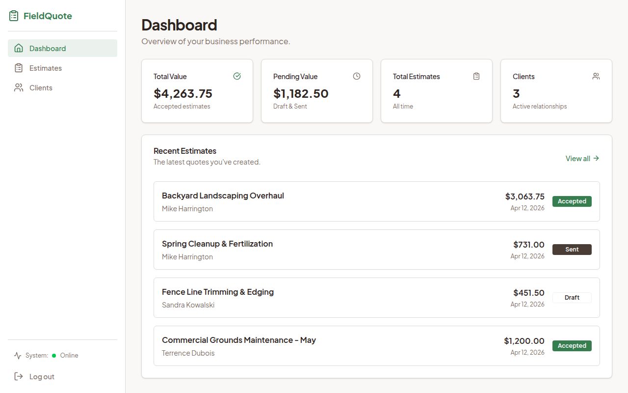 FieldQuote — Professional Job Estimates for Landscapers and Handymen