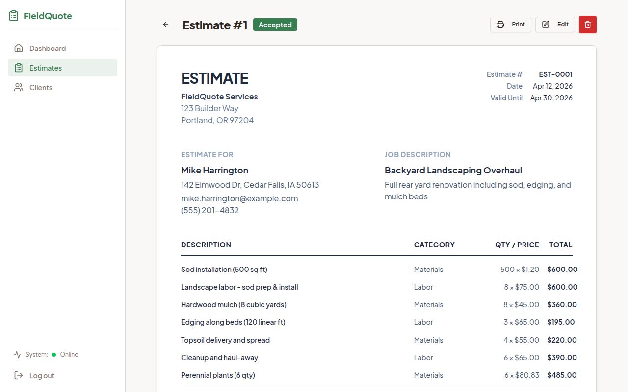 FieldQuote — Professional Job Estimates for Landscapers and Handymen